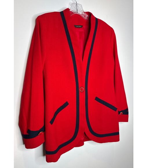 Vintage 1980s Red Navy Trim Power Suit Blazer Pencil Skirt Set Made in USA XS-S - Picture 9 of 15